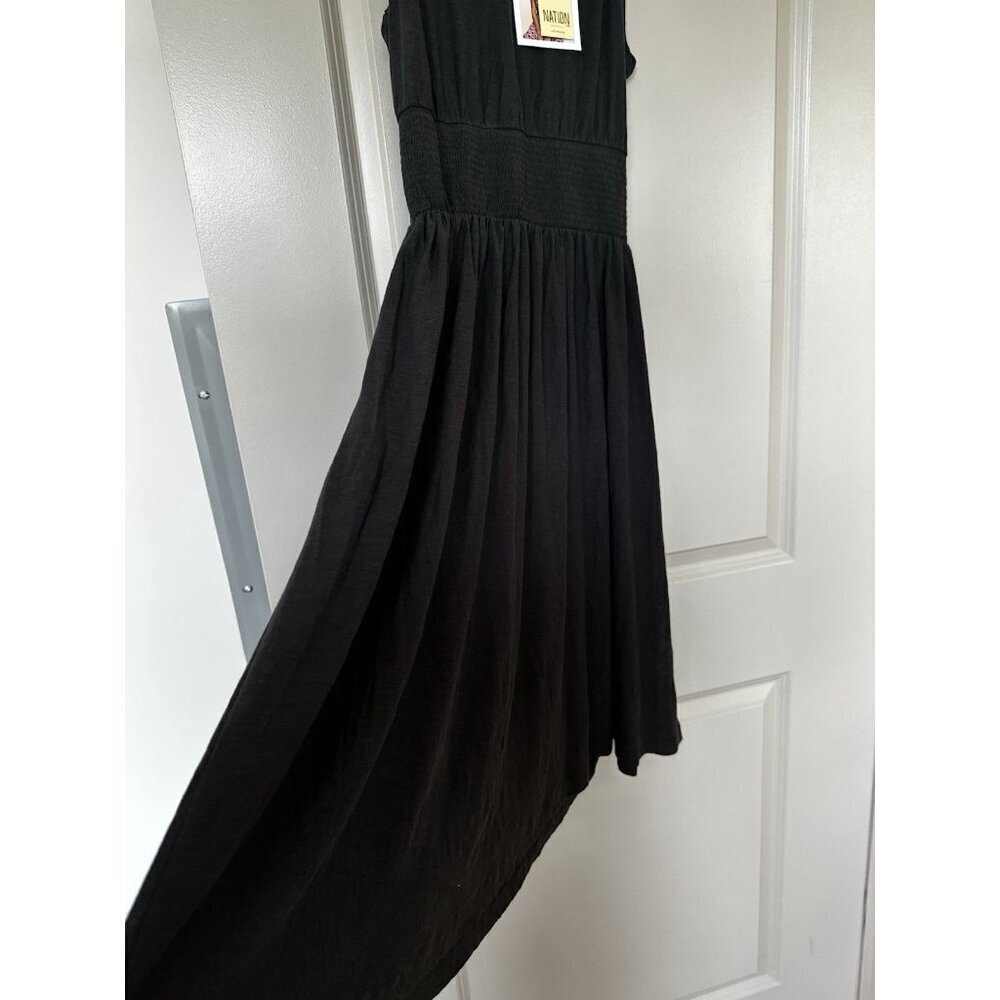 Nation LTD NWT Black Midi Dress Smocked Cap Sleeve V Neck Black Size Medium - Picture 3 of 8